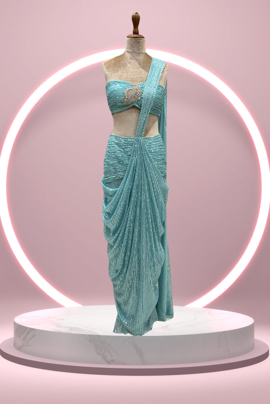 Sky Blue Designer Drape Saree