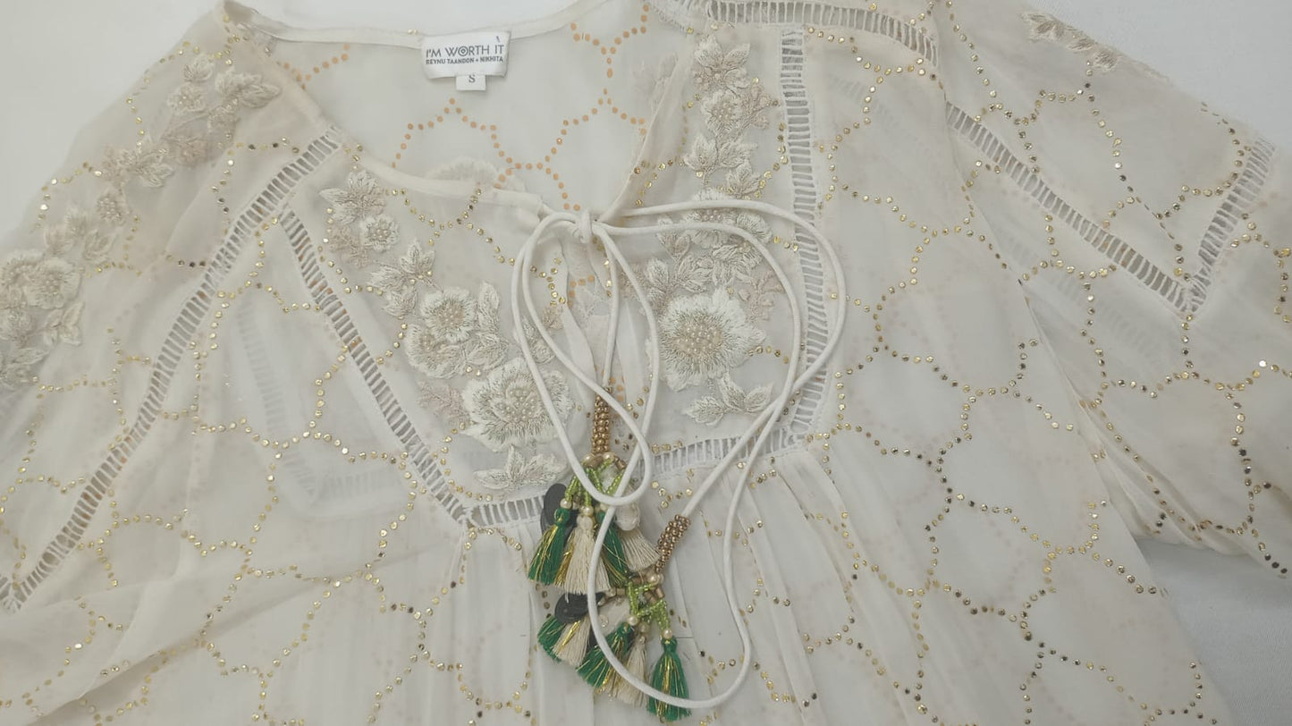 Ivory Hand-Embroidered Tunic Top with Gold Thread & Tassel Details