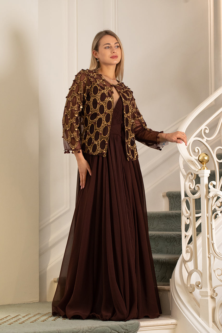 Chocolate Brown Gown with Sheer Embroidered Cape Jacket Chocolate Brown Gown with Sheer Embroidered Cape Jacket