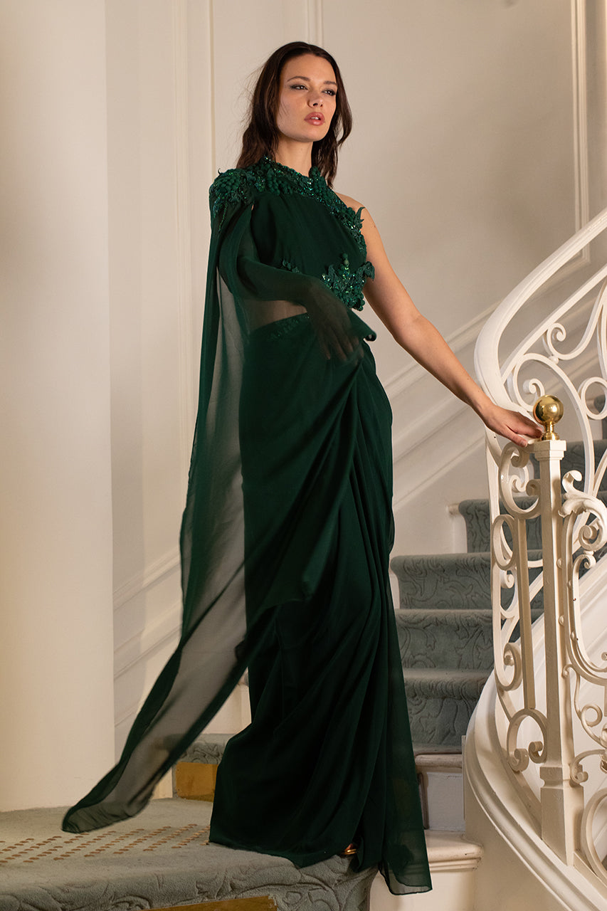 Emerald Green Drape Saree with 3D Embroidered Blouse – Mynah Designs