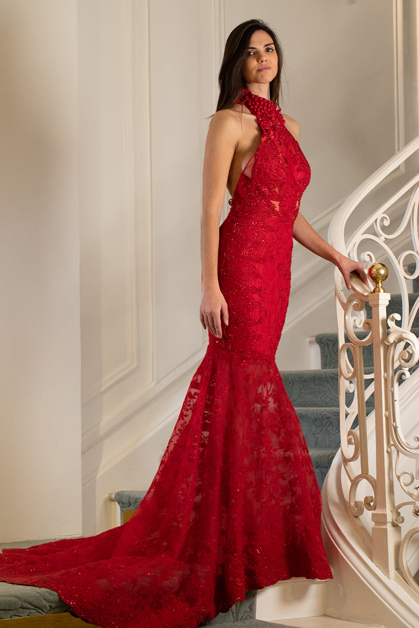 Scarlet Halter Neck Mermaid Gown with 3D Embroidery & Sheer Train Mynah Designs Scarlet Halter Neck Mermaid Gown with 3D Embroidery & Sheer Train Mynah Designs