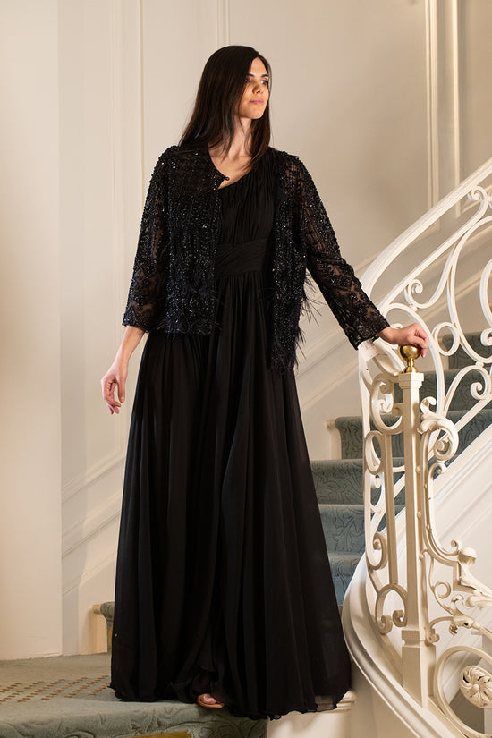 Black Dress With Sequin Shrug Midnight Black Layered Gown With Hand-Embellished Sequin Jacket Black Dress With Sequin Shrug Midnight Black Layered Gown With Hand-Embellished Sequin Jacket