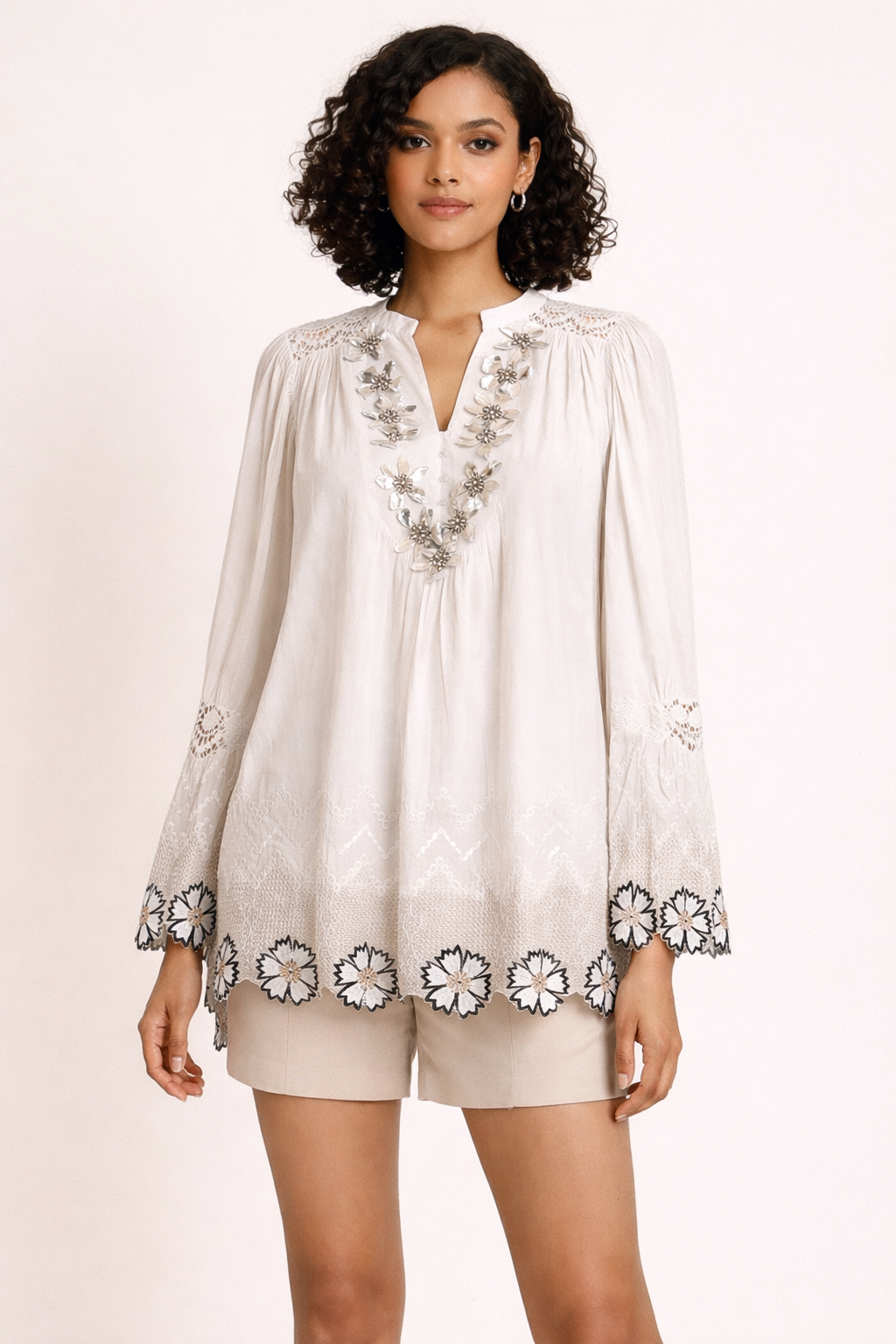 Ivory Embroidered Boho Top with Floral Hem Detail