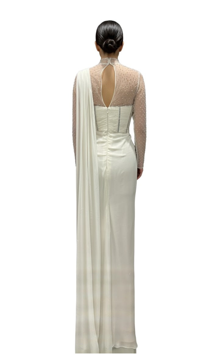 Ivory Embellished Drape Saree  with Sheer Full Sleeves