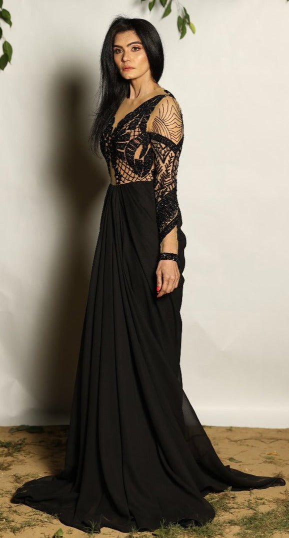 Nude & Black Embroidery Gown.