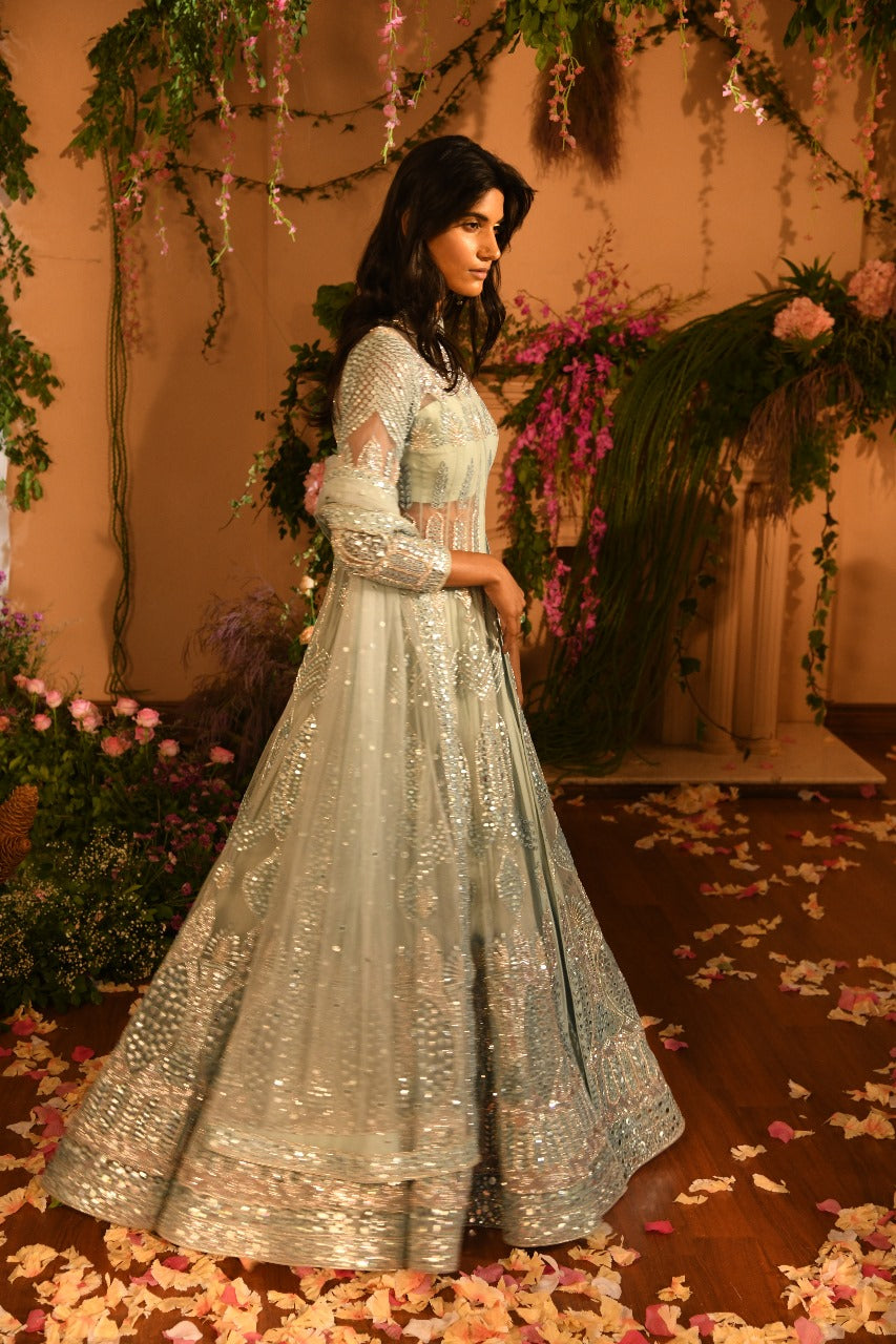 Powder Blue Achkan Jacket Lehenga Set