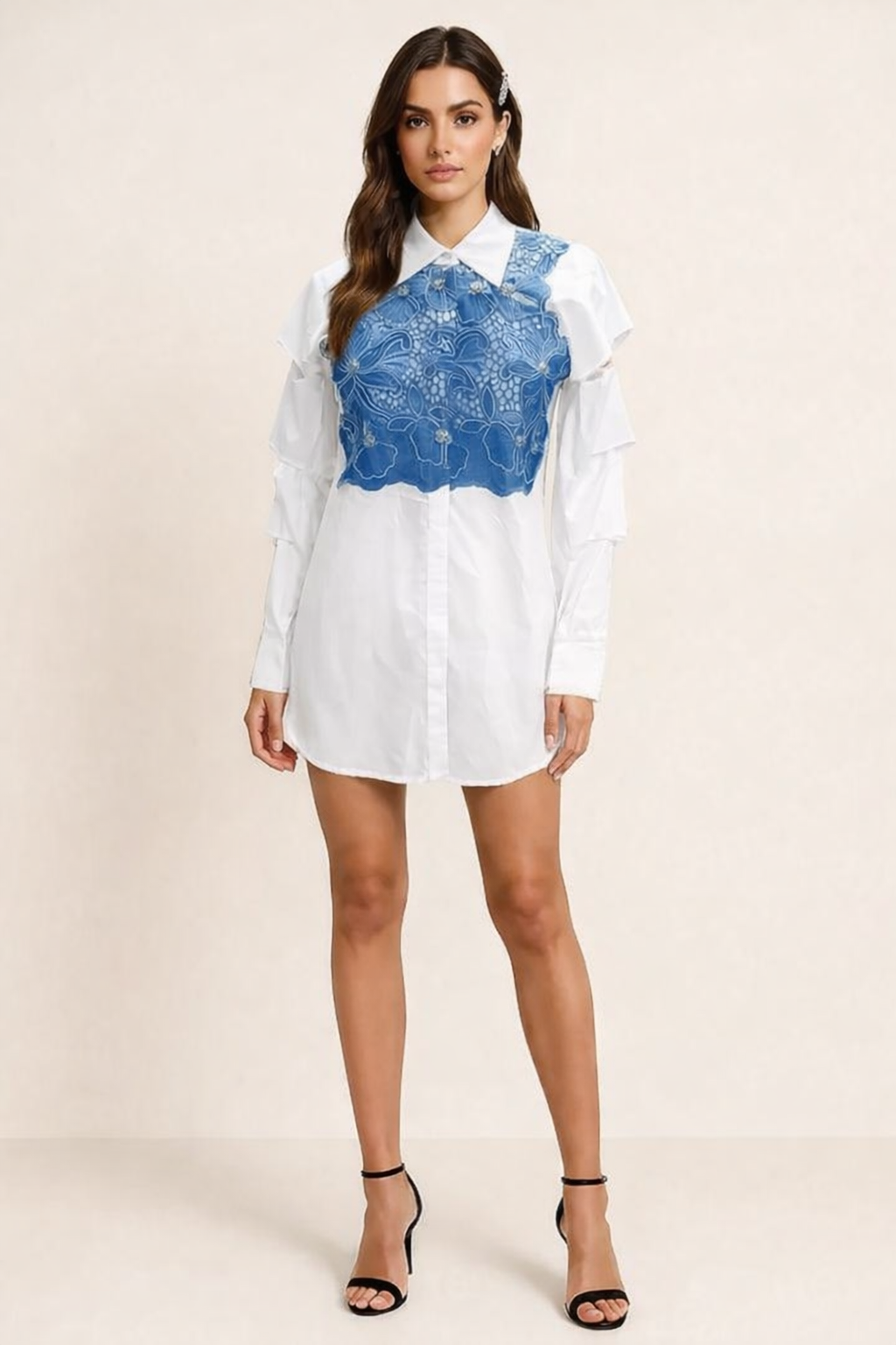 White Shirt Dress with Blue Lace Overlay Panel XXL