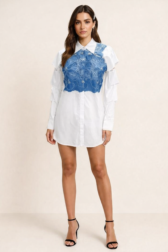 White Shirt Dress with Blue Lace Overlay Panel – Mynah Designs