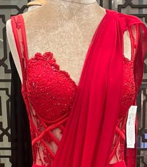 Red Designer Saree Gown with Embellished Blouse