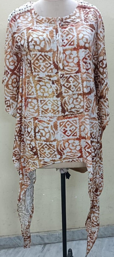 Women’s Brown Ethnic Print Asymmetrical Hem Top