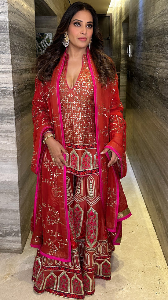 Gold Foil Red Sharara Suit