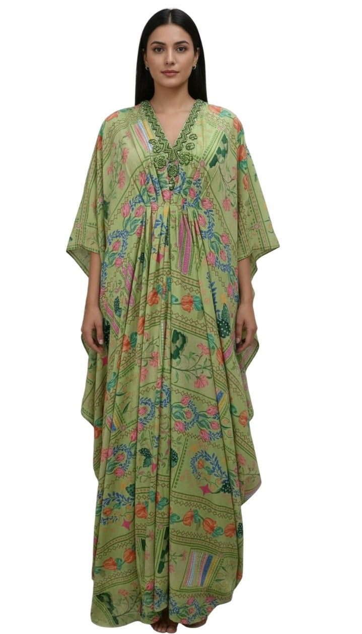 Women’s Green Floral Print V-Neck Kaftan Dress
