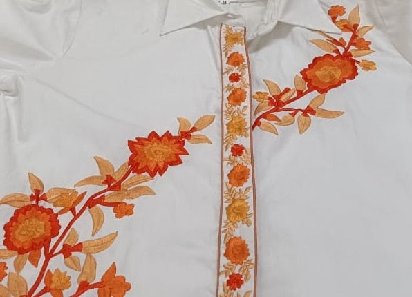 White Cotton Shirt with Orange Floral Embroidery