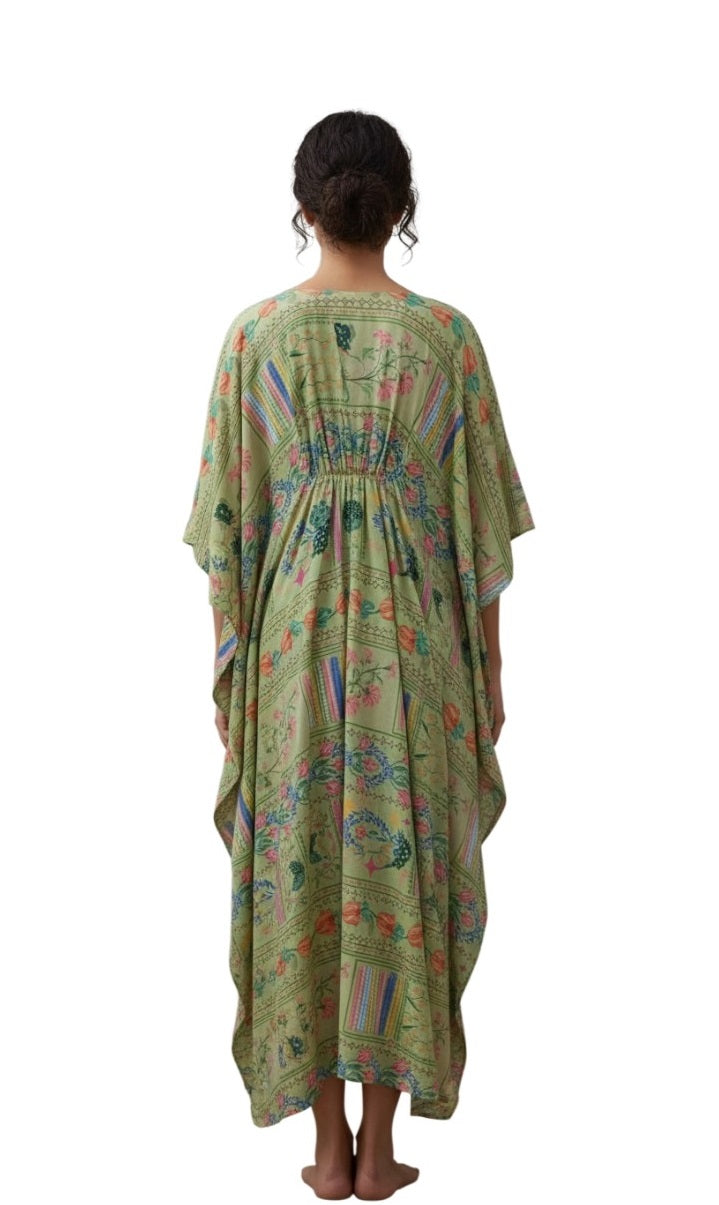 Women’s Green Floral Print V-Neck Kaftan Dress