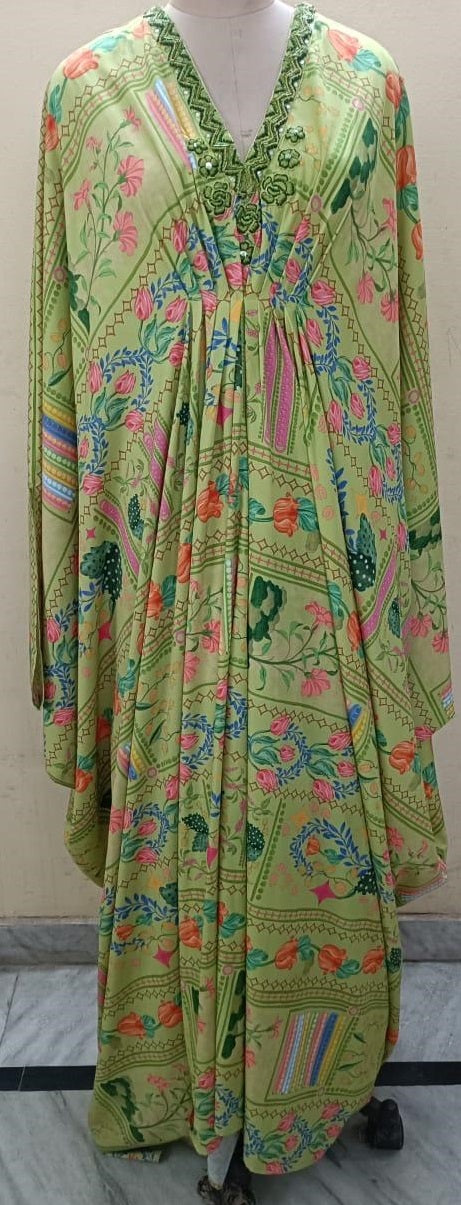 Women’s Green Floral Print V-Neck Kaftan Dress