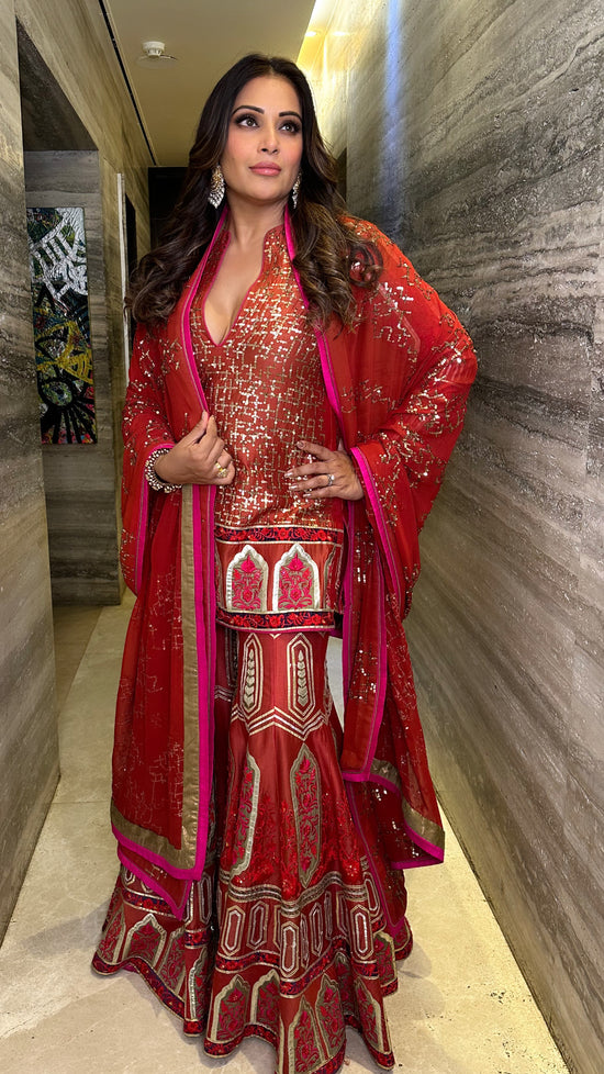 Gold Foil Red Sharara Suit