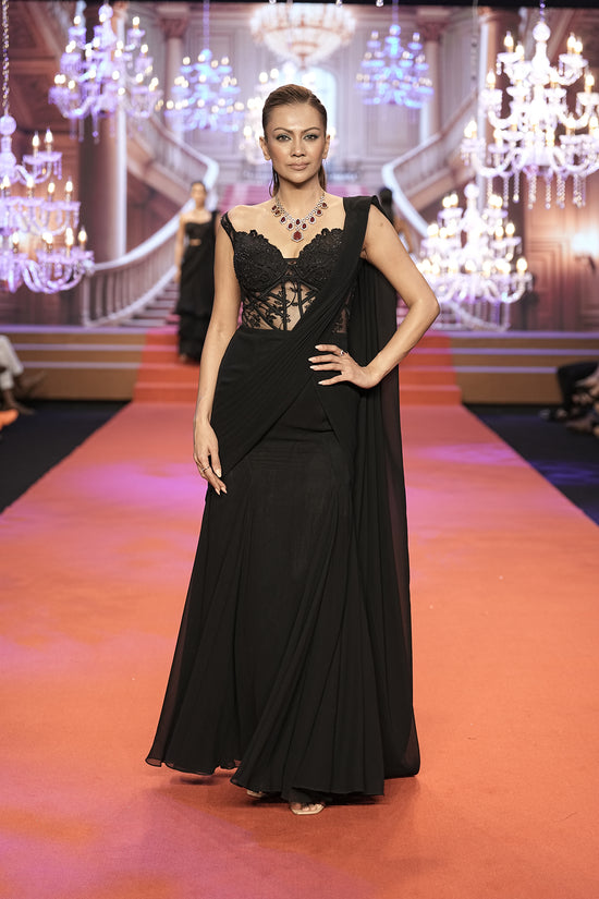 Black Sculpted Draped Saree