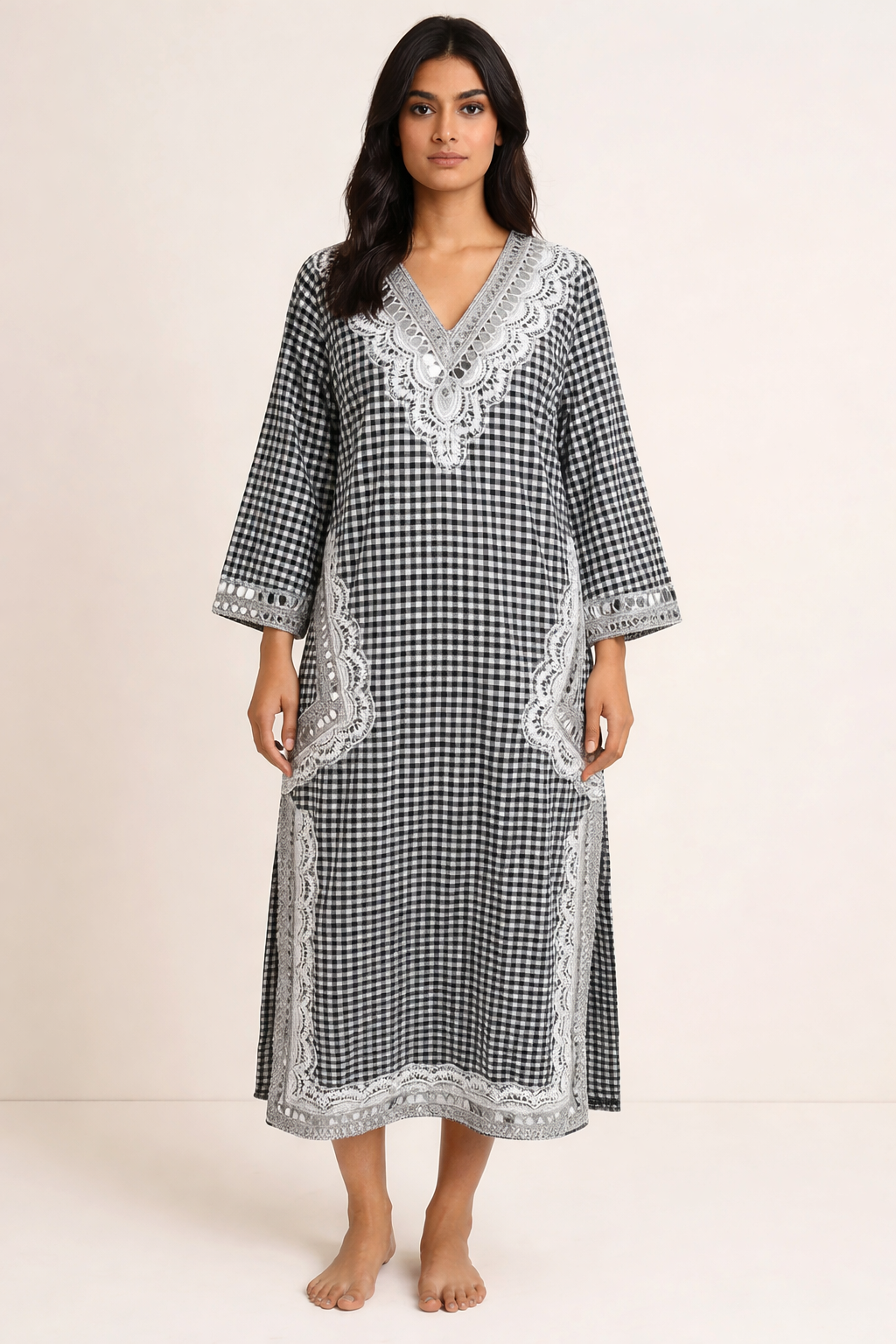 Black & White Checkered Kurti with Lace Embroidery