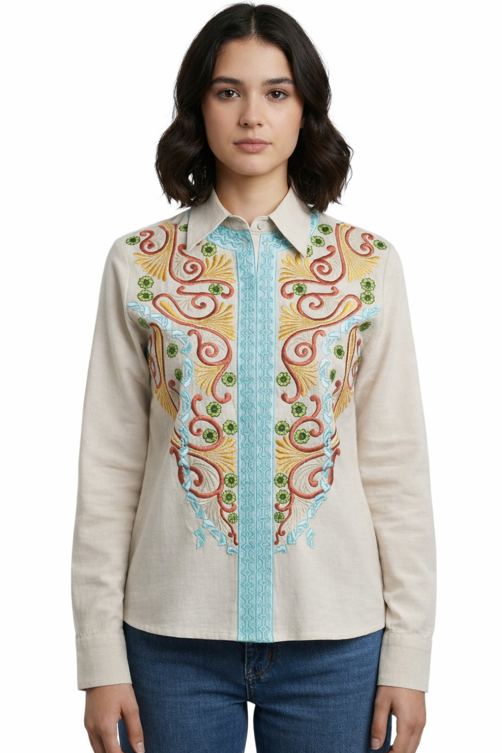 Women’s White Embroidered Shirt with Multicolor Front Panel