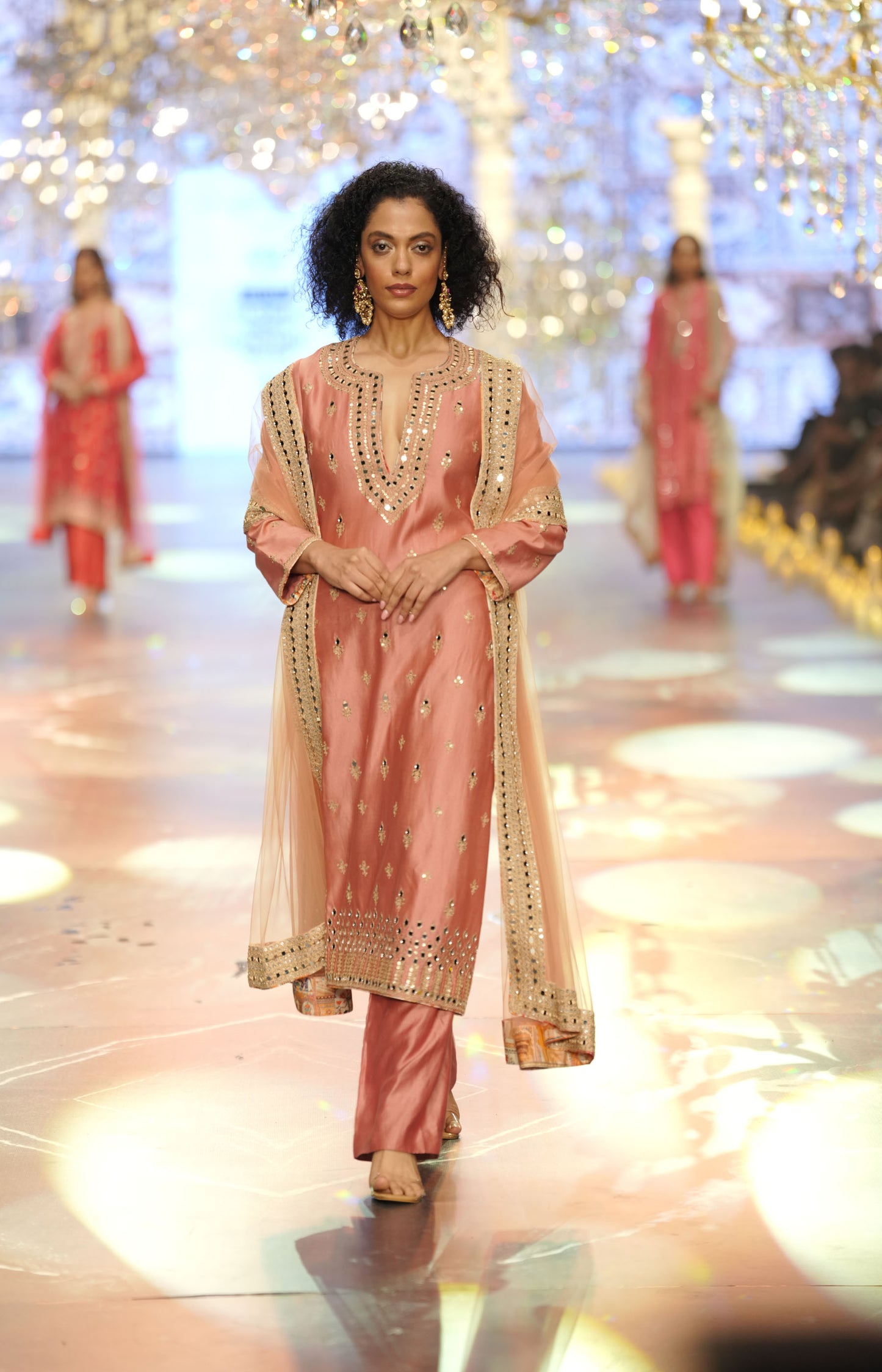 Peach Embroidered Silk Straight Suit with Net Dupatta