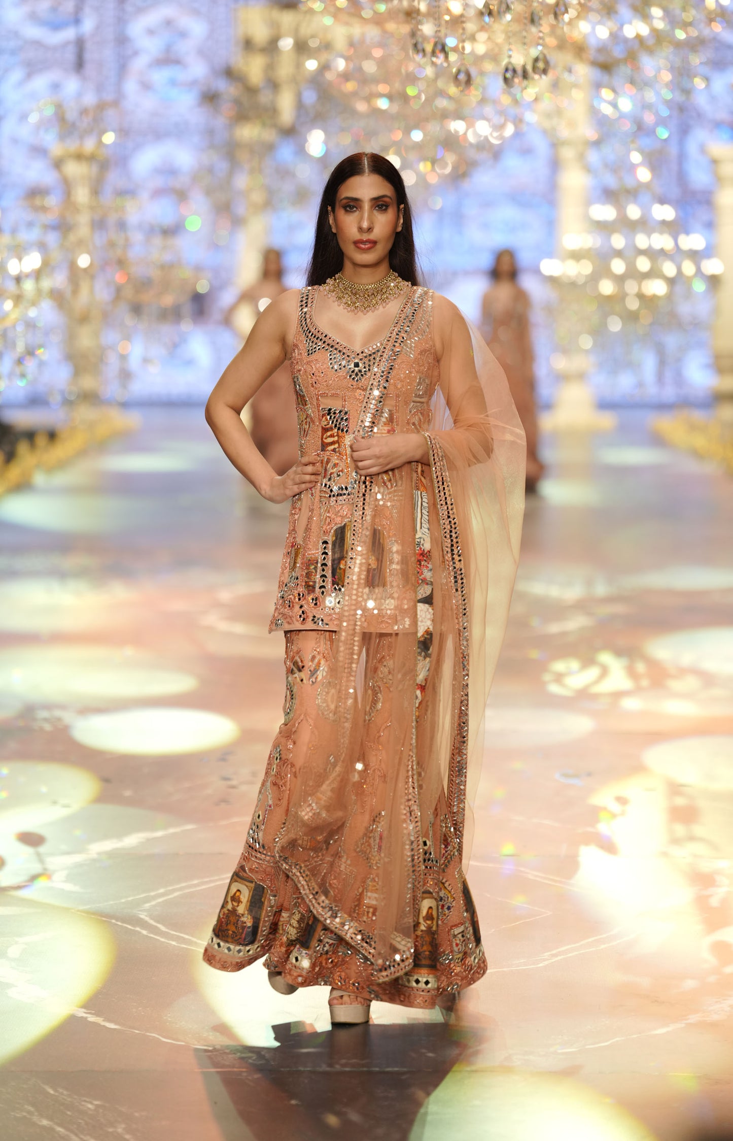 Peach Embellished Bridal Sharara Set with Mirror Work