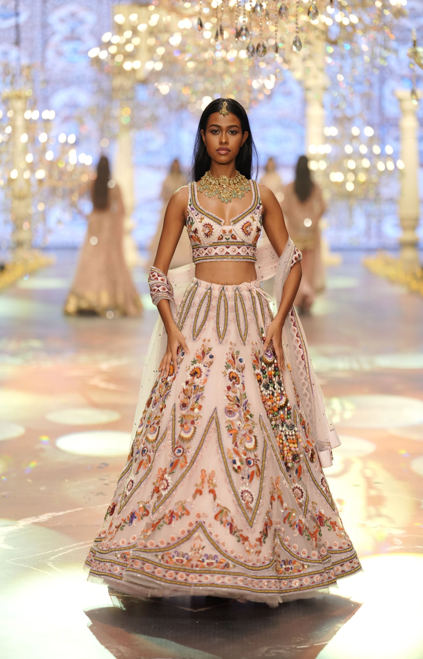 Blush Pink Multicolor Embroidered Designer Bridal Lehenga Set