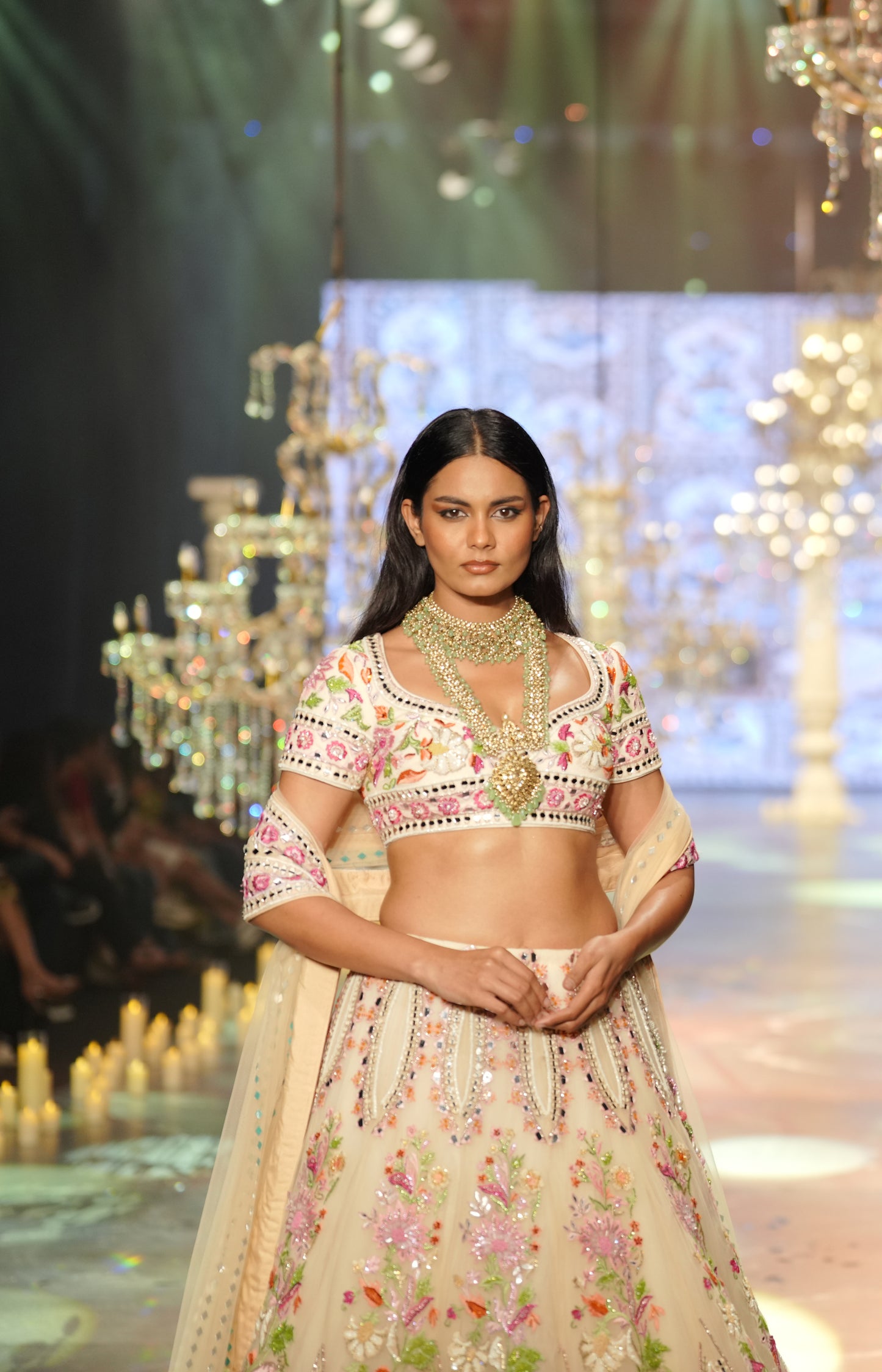 Ivory Pink Floral Hand-Embroidered Designer Bridal Lehenga Set