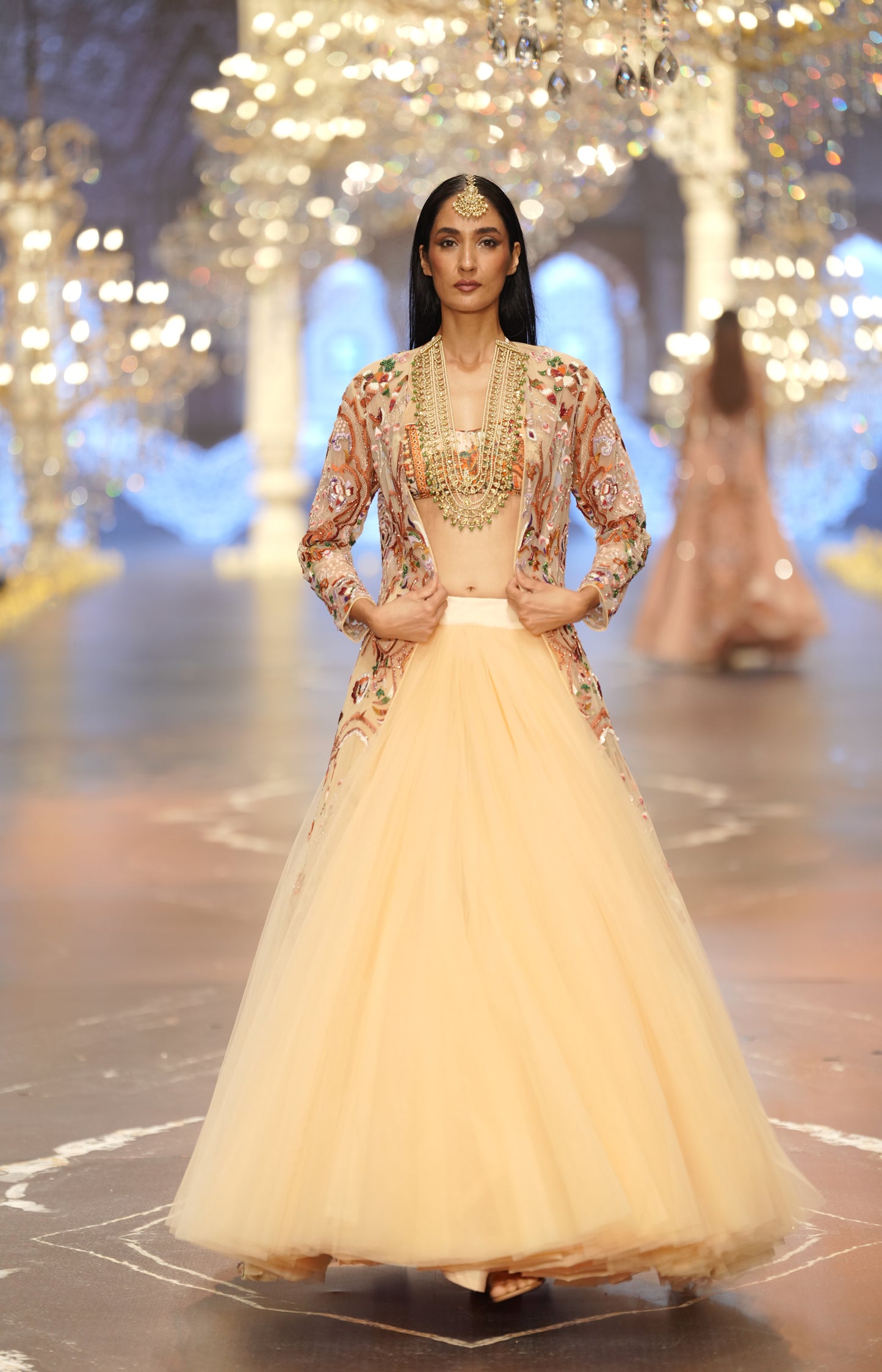 Light Peach Hand-Embroidered Jacket Lehenga Set