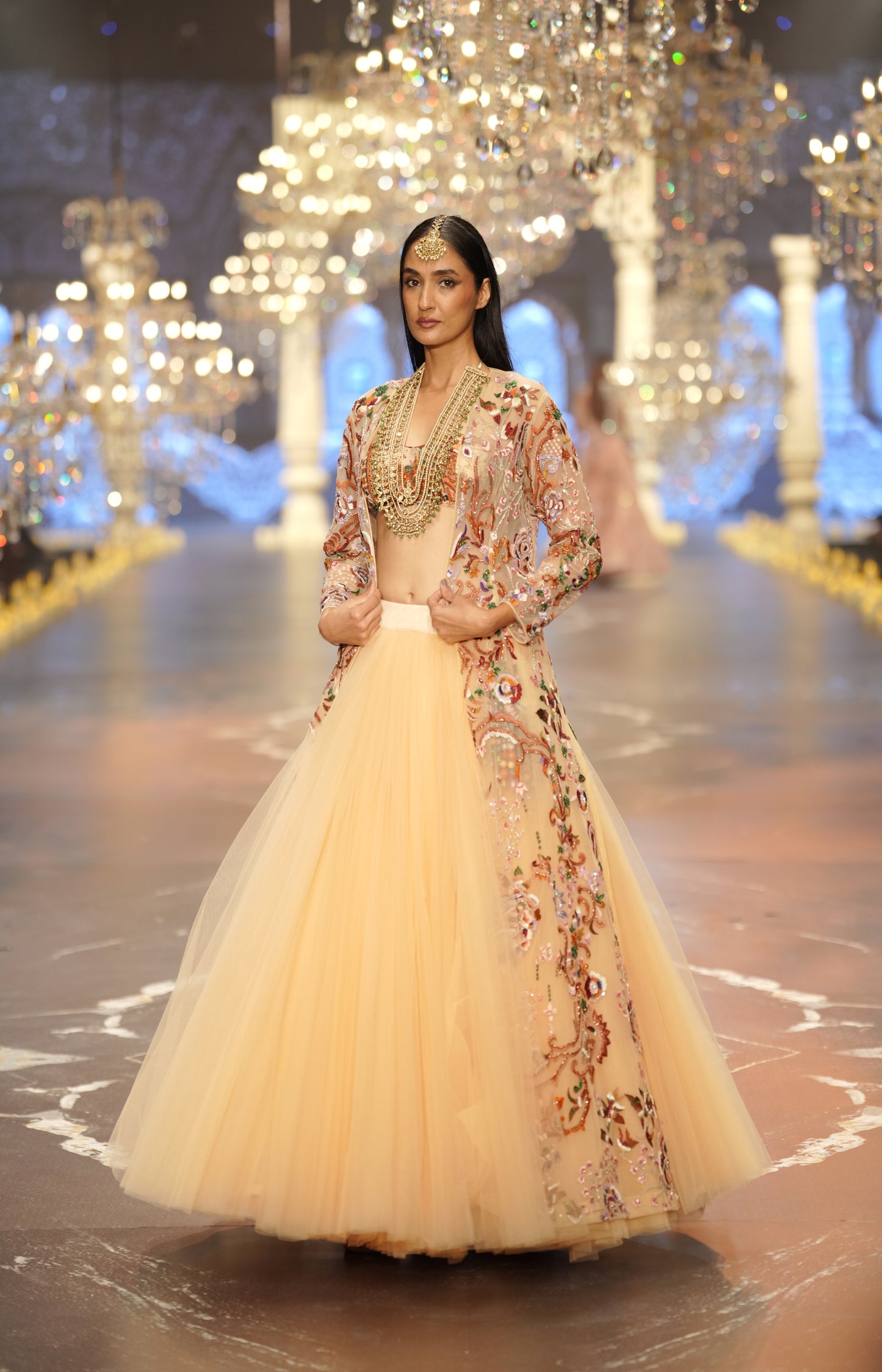 Light Peach Hand-Embroidered Jacket Lehenga Set