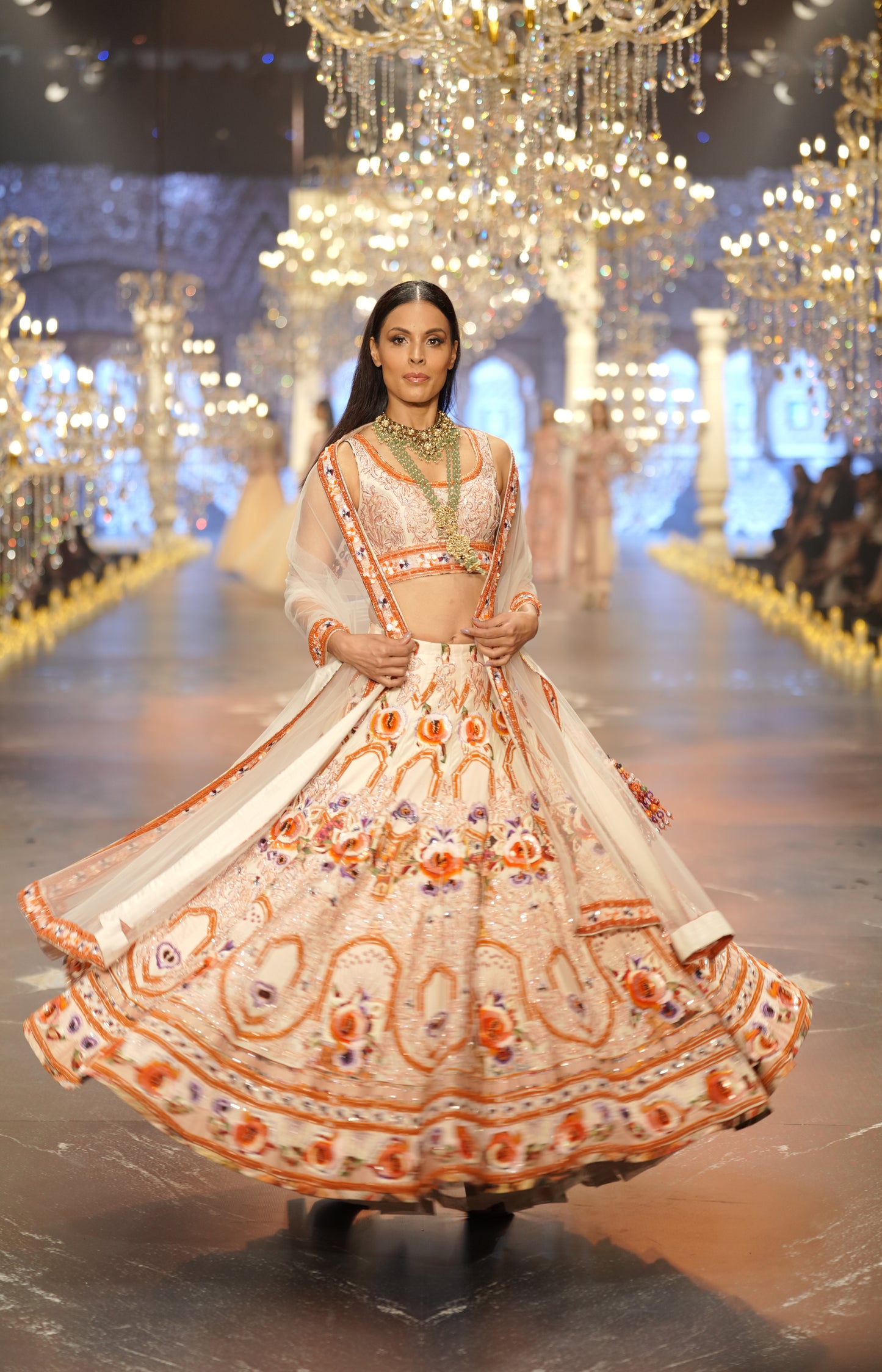 Ivory & Orange Floral Embroidered Lehenga Set