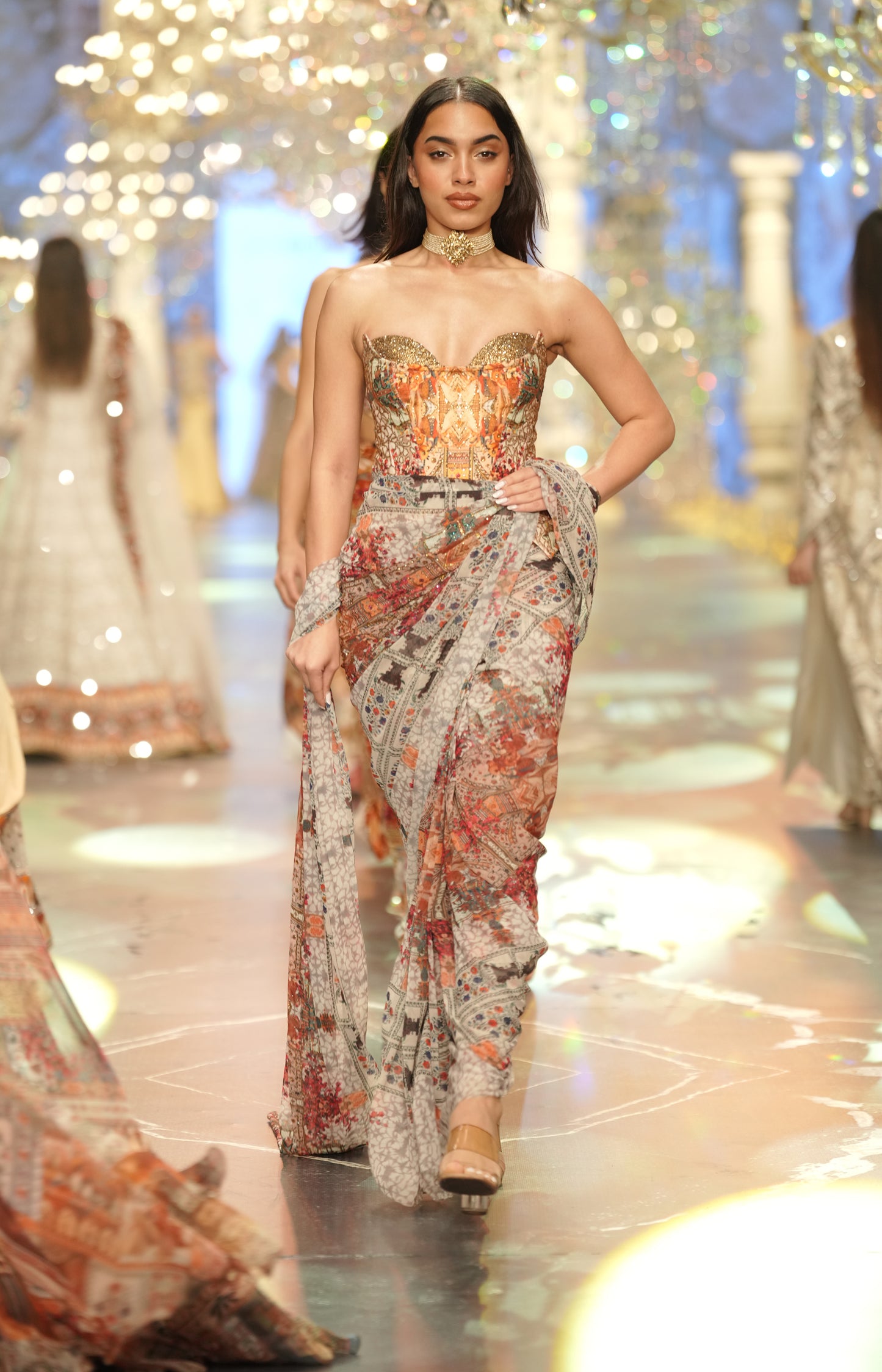 Handcrafted Printed Bustier & Draped Saree Set