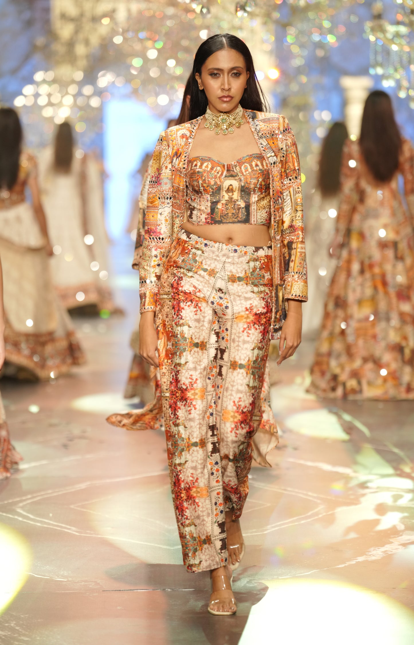 Multicolour Printed Bustier, Jacket & Skirt Co-ord Set