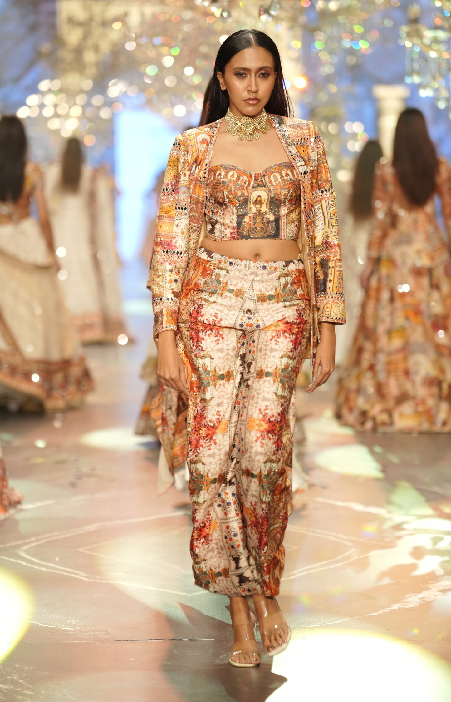 Multicolour Printed Bustier, Jacket & Skirt Co-ord Set