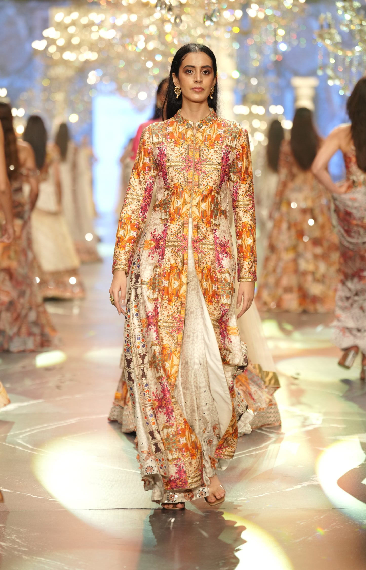 Multicolour Heritage Print Long Jacket & Skirt Set