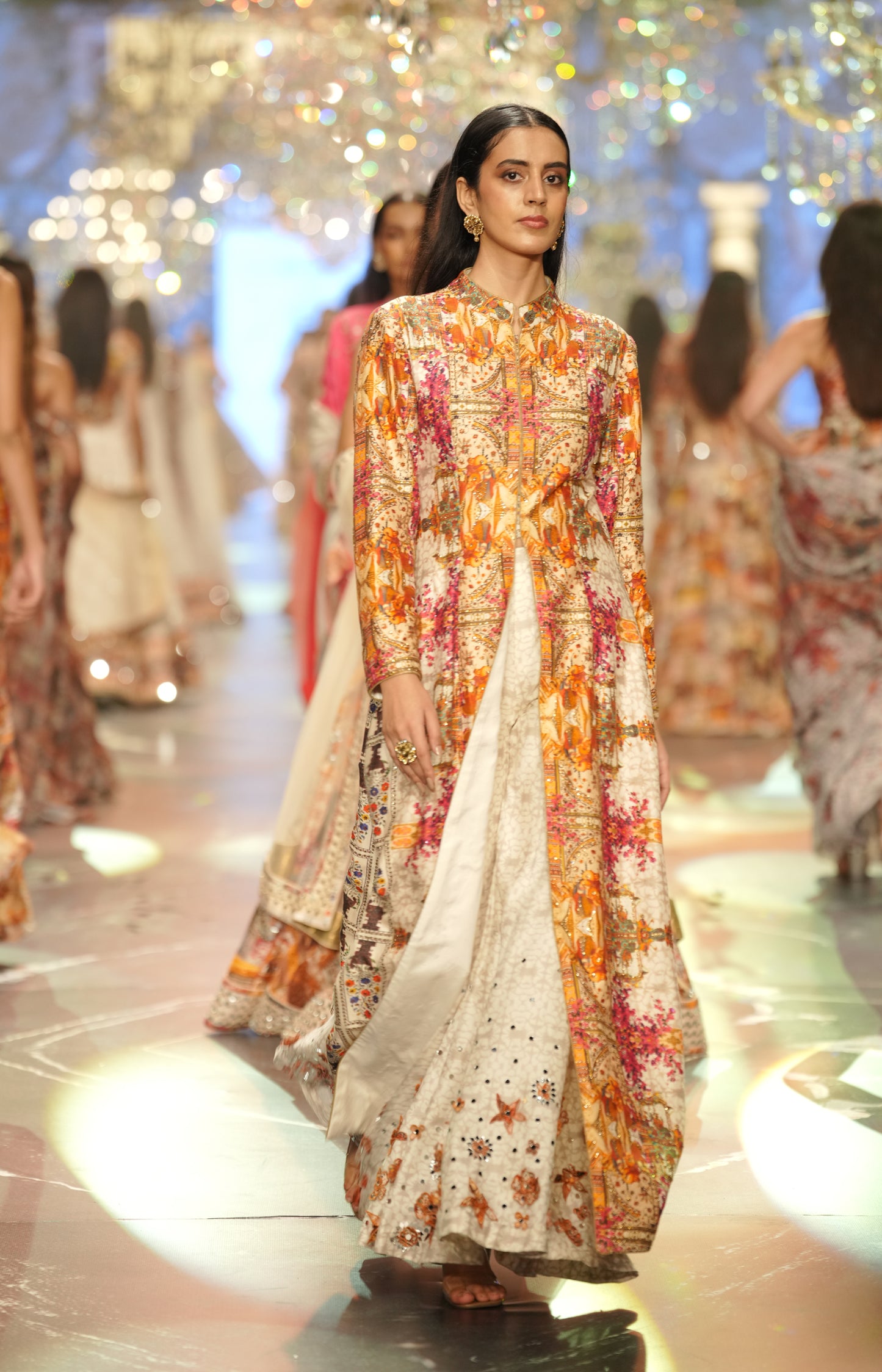 Multicolour Heritage Print Long Jacket & Skirt Set