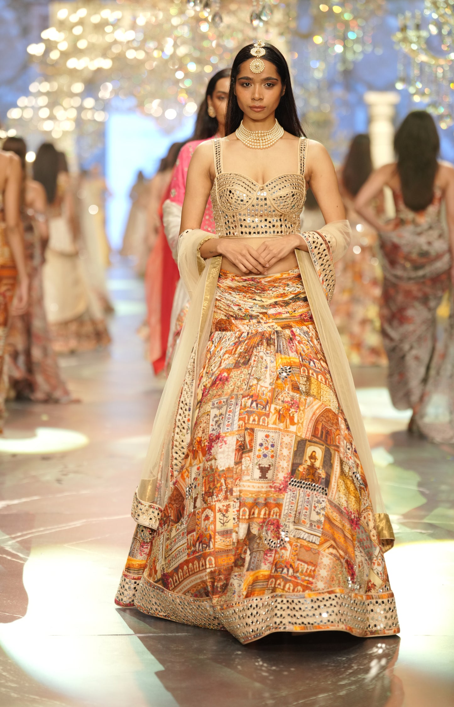 Handcrafted Mirror-Work Bustier & Multicolor Heritage Print Lehenga Set