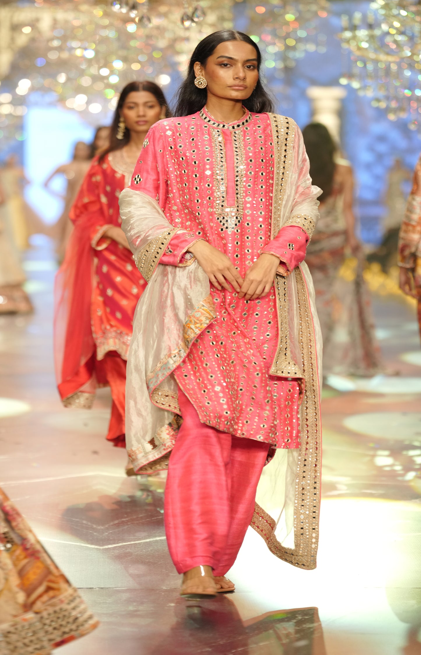 Pink Mirror-Work Kurta Set with Silk Pants