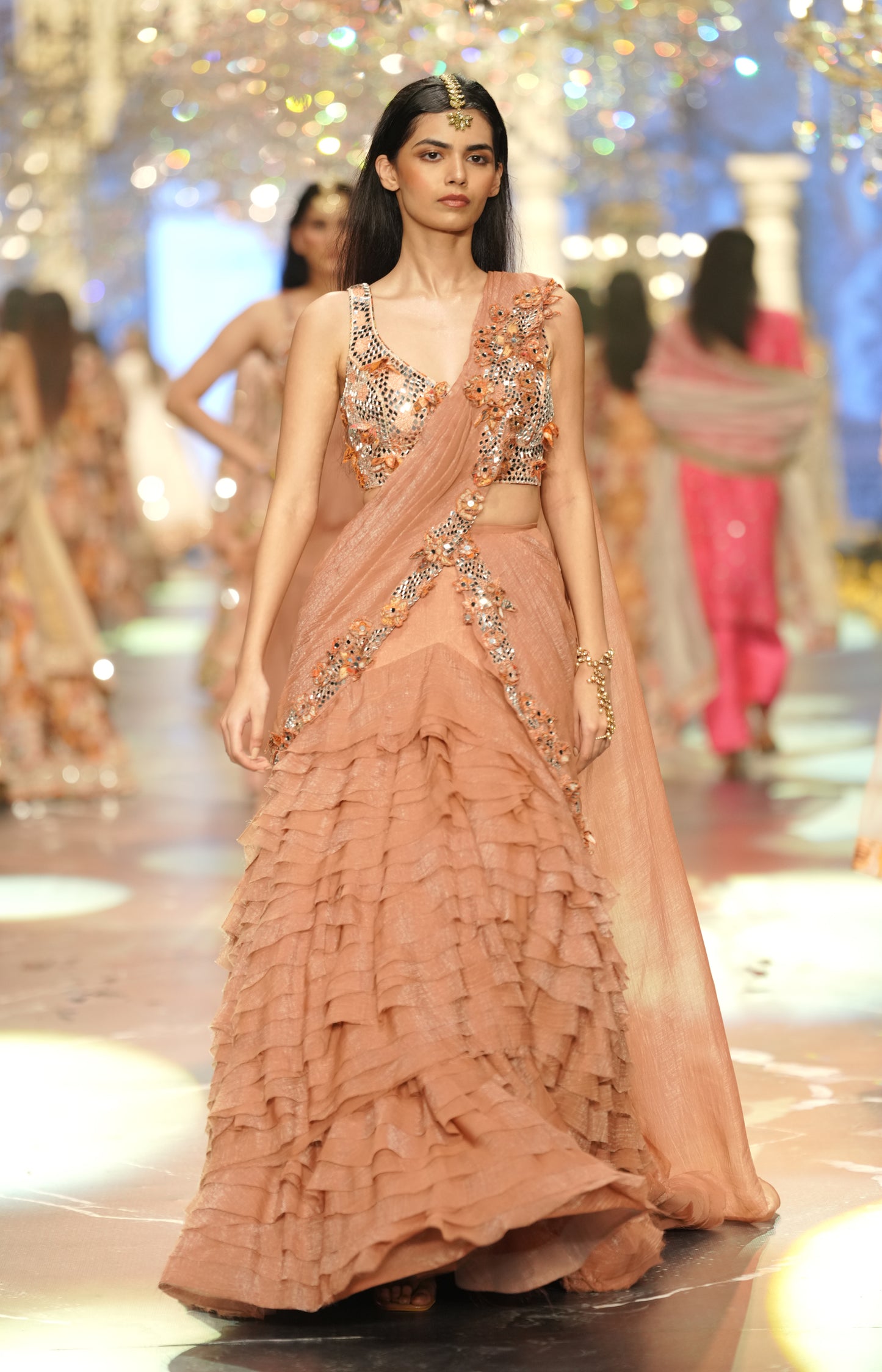Peach Ruffle Lehenga with Mirror-Work Blouse