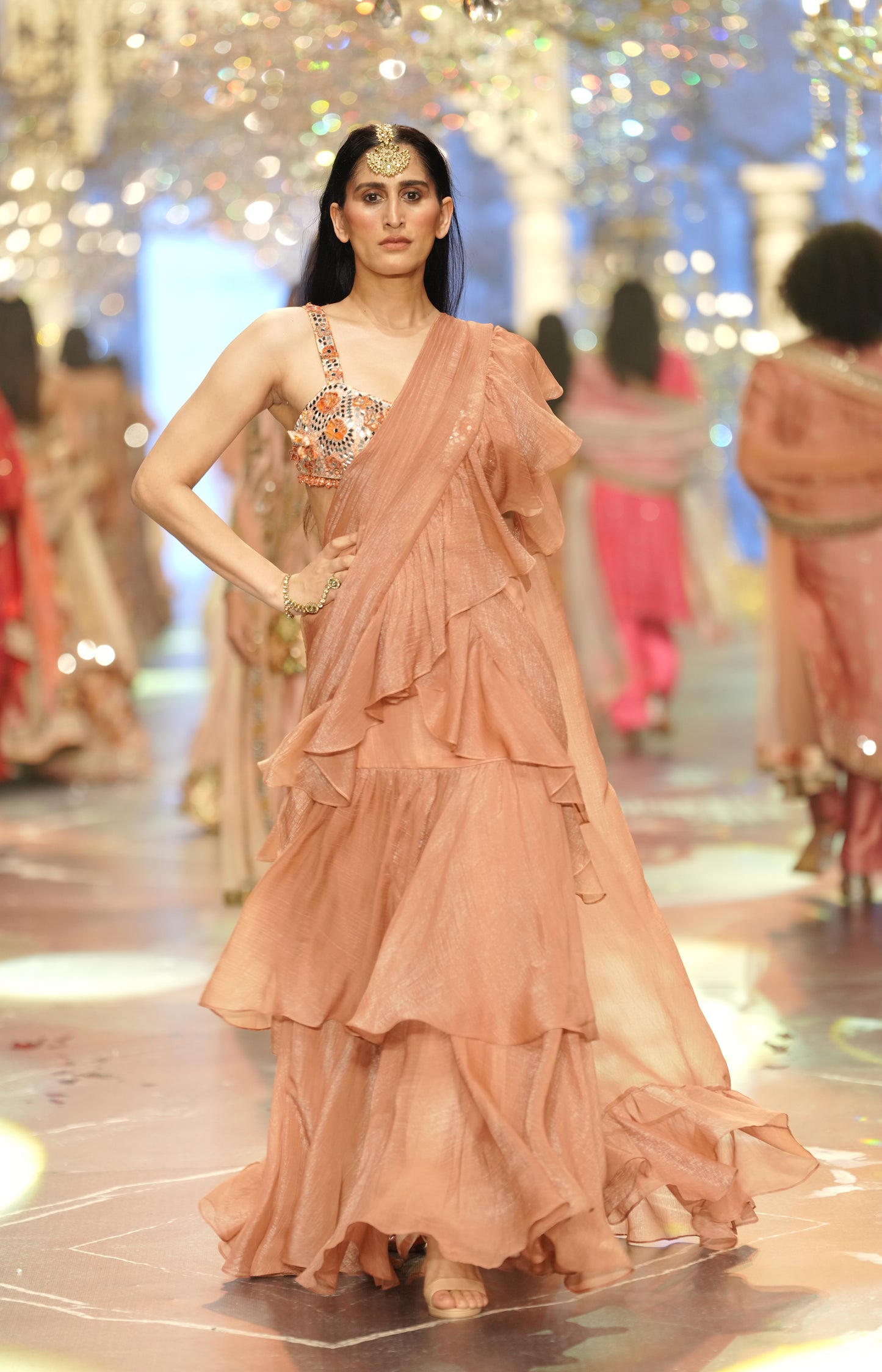 Designer Peach Ruffle Saree with Hand-Embellished Mirror-Work Blouse