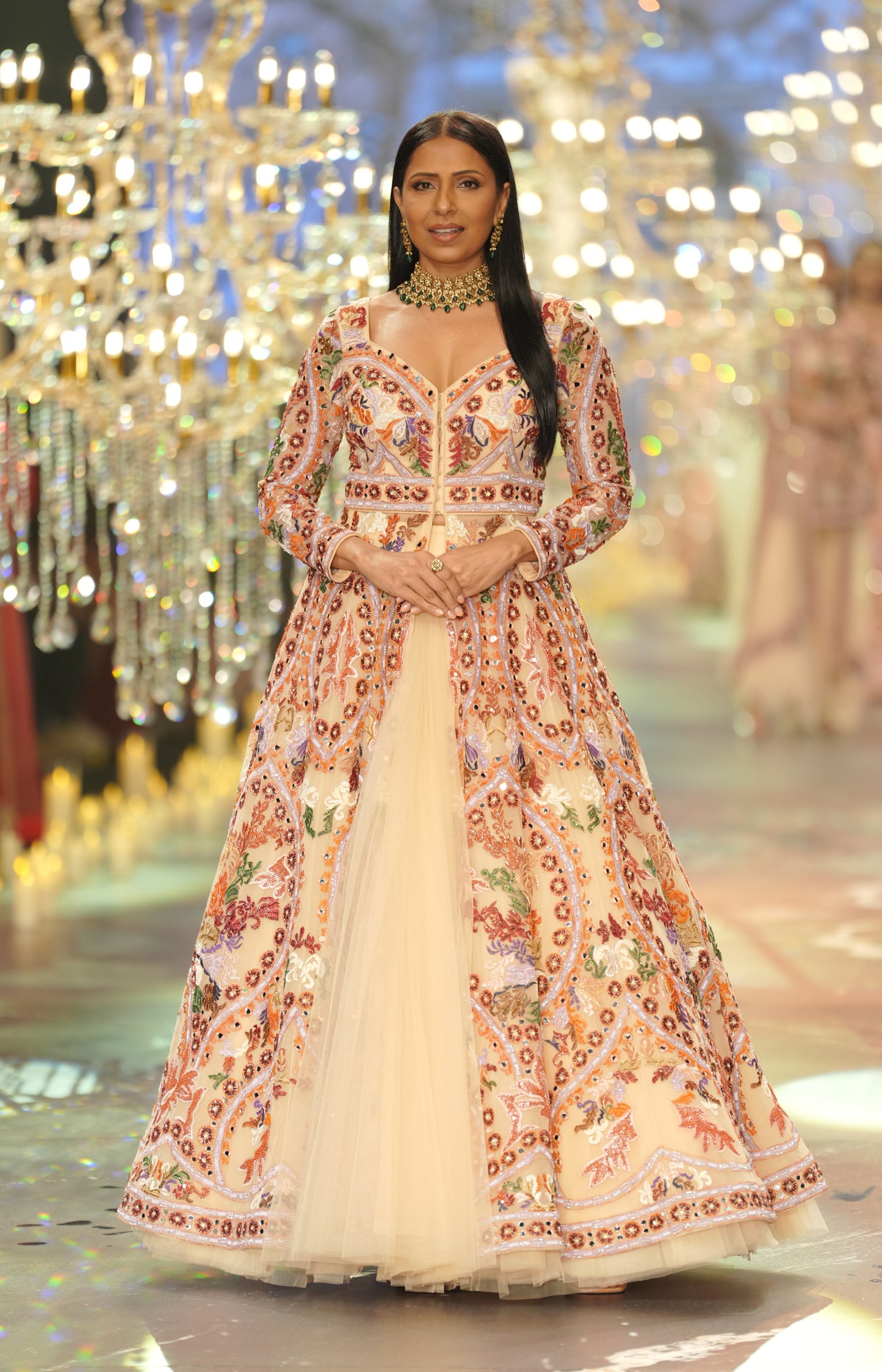 Peach Multicolour Embroidered Long Jacket Lehenga
