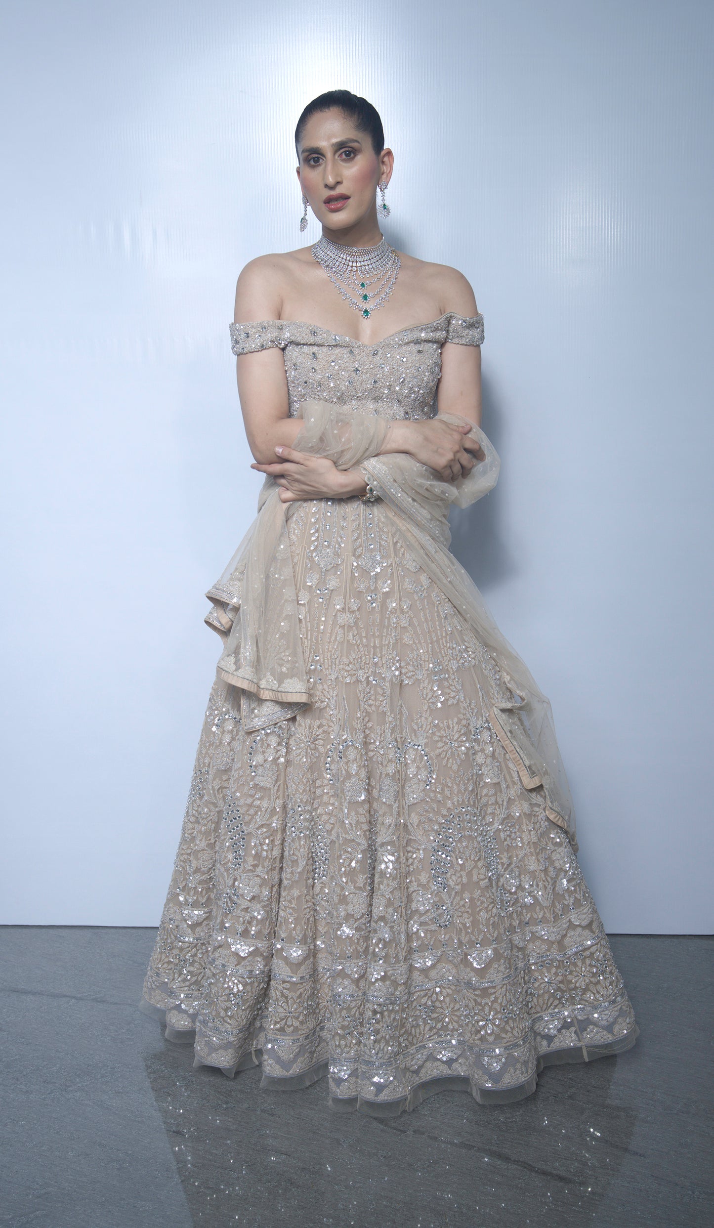 Champagne Gold Off-Shoulder Embellished Bridal Lehenga