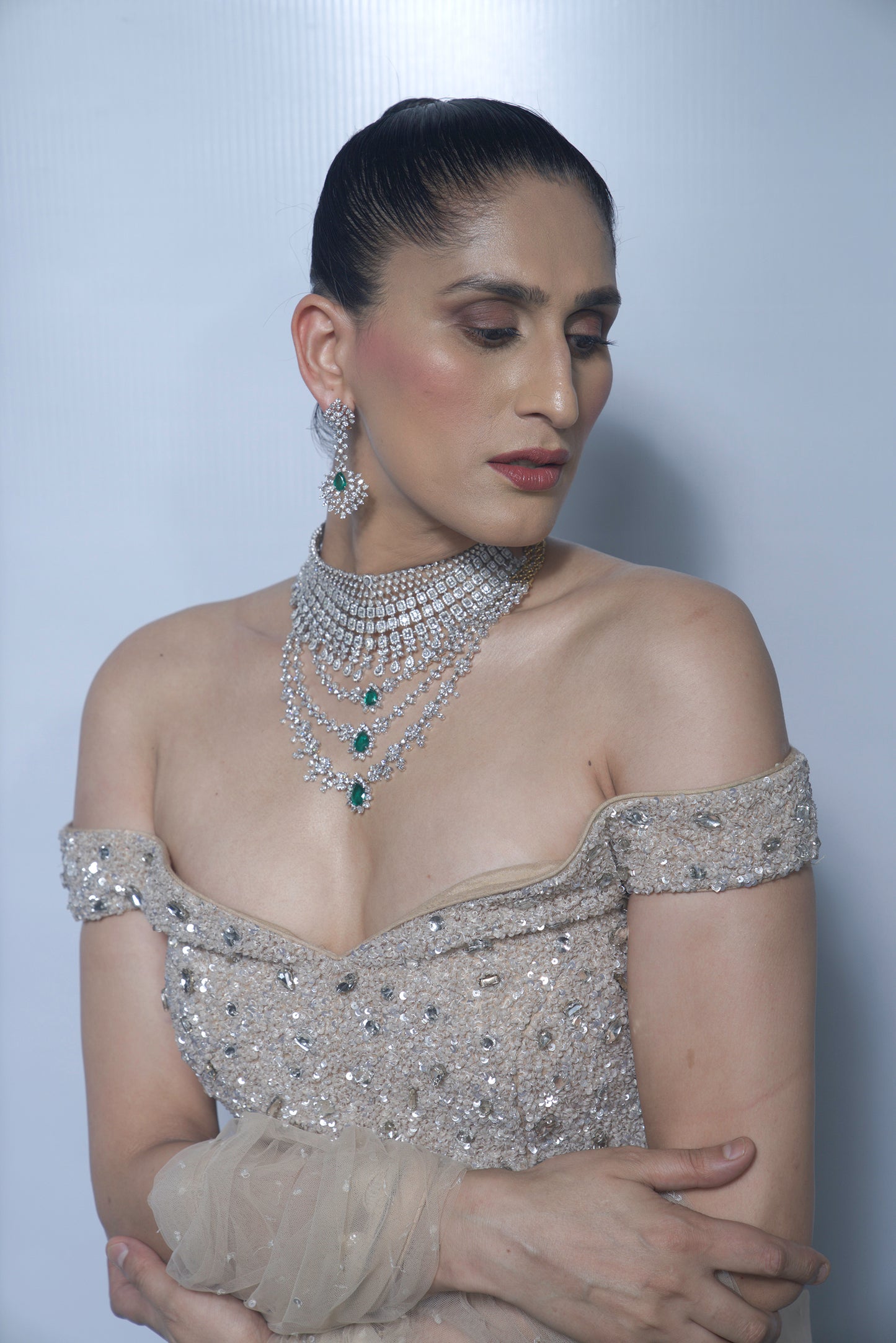 Champagne Gold Off-Shoulder Embellished Bridal Lehenga