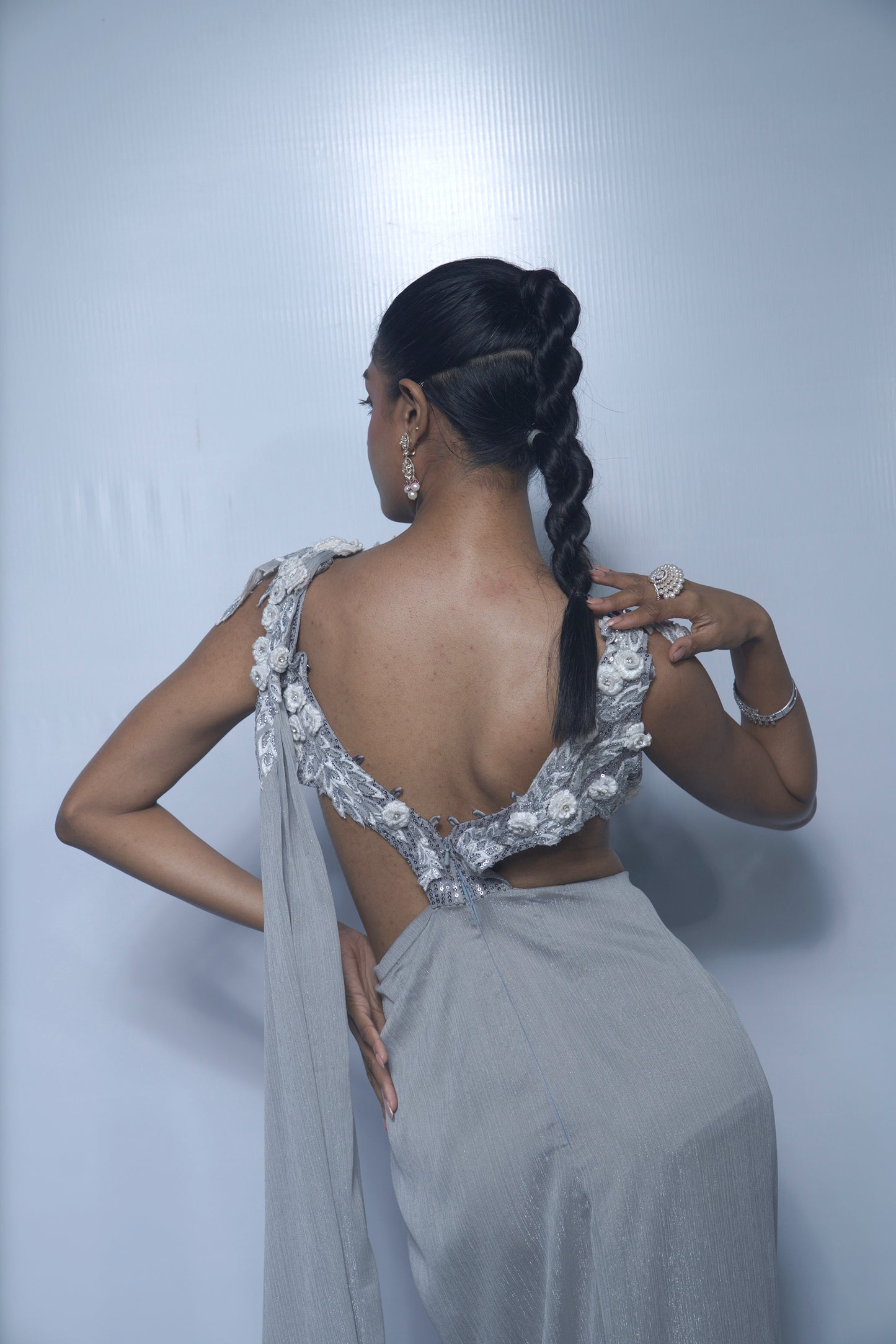 Silver Sculpted Drape Saree