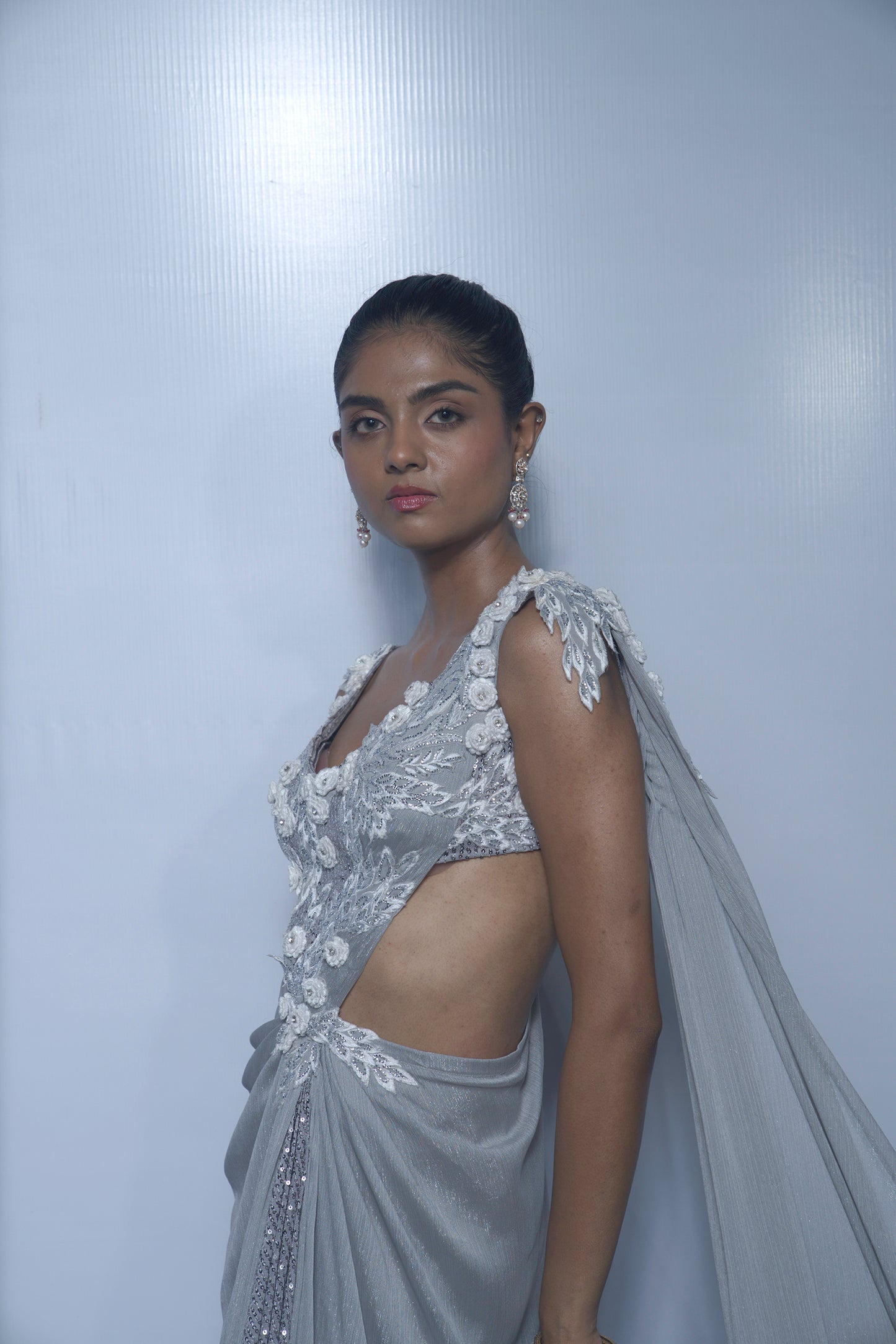 Silver Sculpted Drape Saree