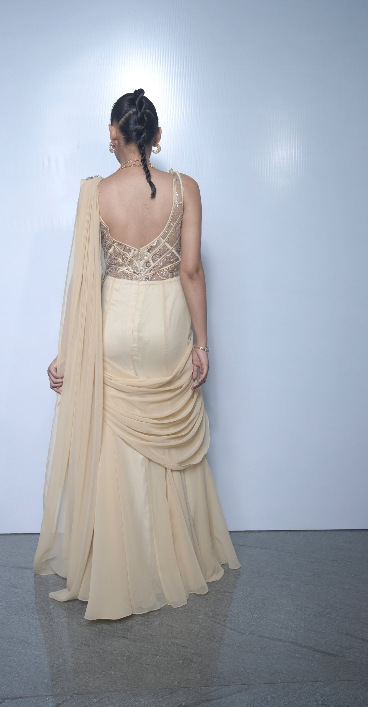 Beige Sculpted Corset Drape Saree