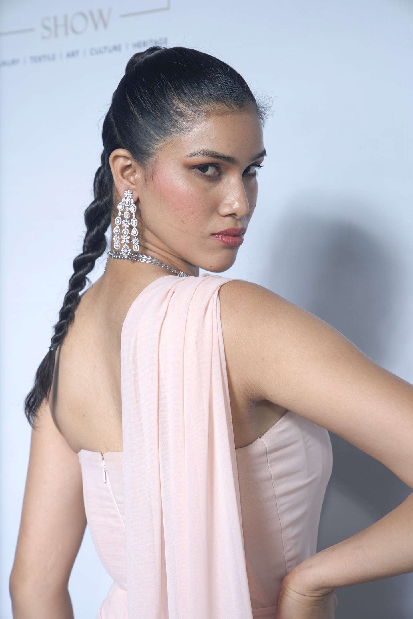 Blush Pink One-Shoulder Embellished Draped Saree