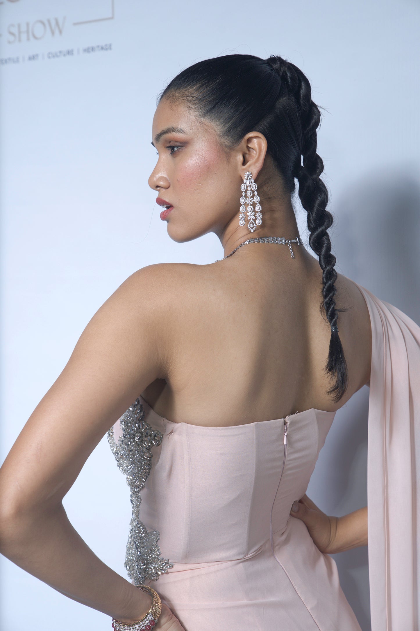 Blush Pink One-Shoulder Embellished Draped Saree