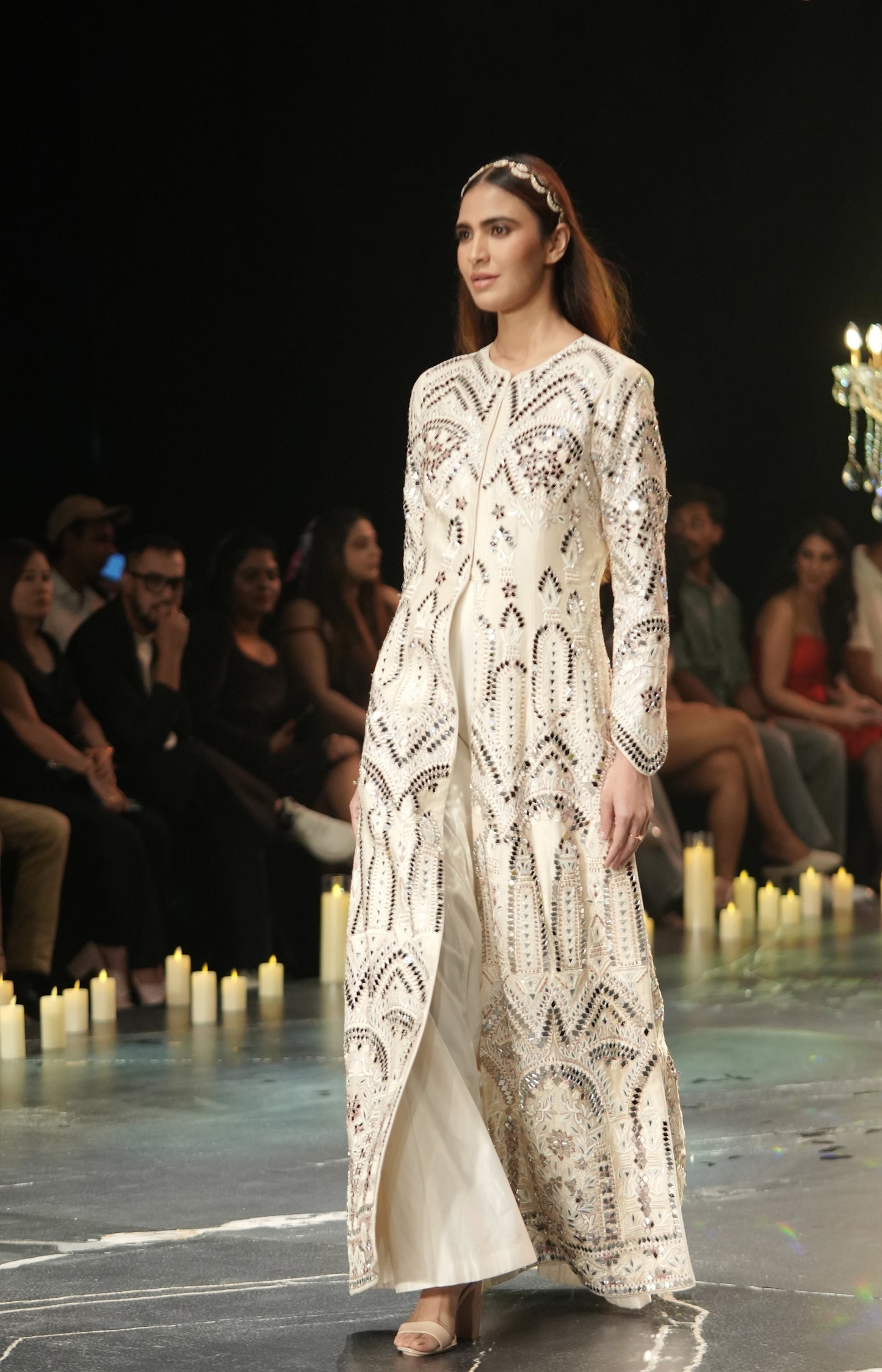Ivory Mirror-Embroidered Long Jacket Set