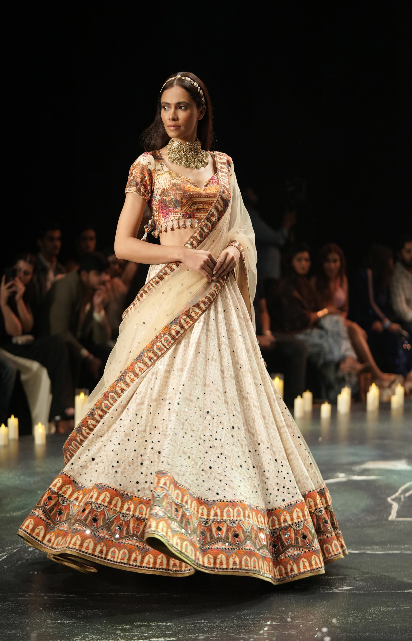 Ivory Mirror-Work Lehenga Set with Multicolour Blouse & Dupatta