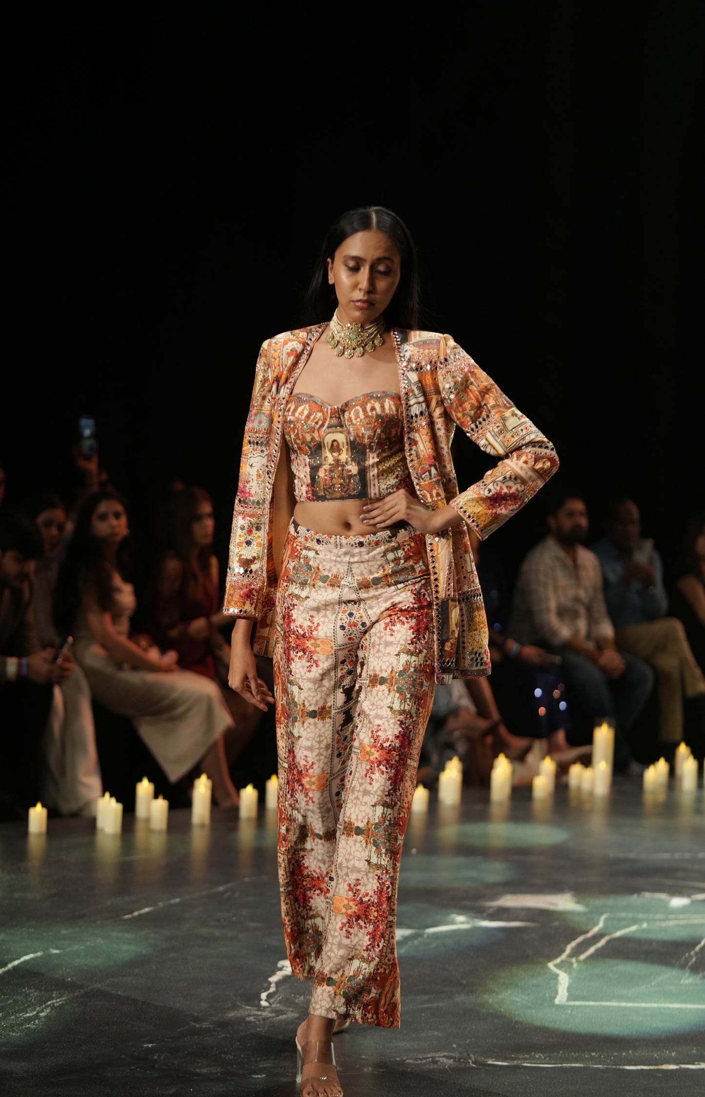 Multicolour Printed Bustier, Jacket & Skirt Co-ord Set